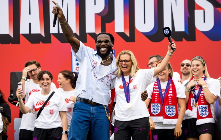 Watch Burna Boy sing 'For My Hand' with Lionesses' manager Sarina Wiegman at Euro 2025 victory parade